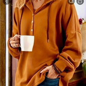 Plus Size Casual Top, Women's Plus Solid Long Sleeve Drawstring Henley Hoodie